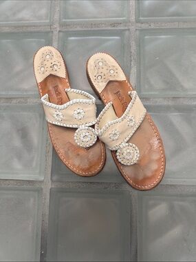 Jack Rogers Cream and Tan Leather Thong Sandals